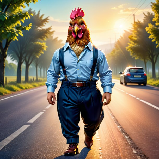 Illustration of a hen in a trousers on the road