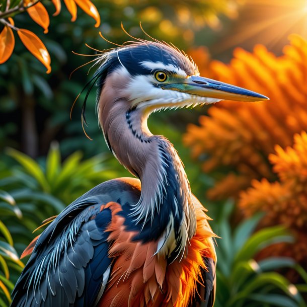 Foto de una garza en un suéter naranja