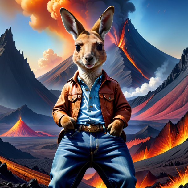 Illustration of a kangaroo in a jeans in the volcano