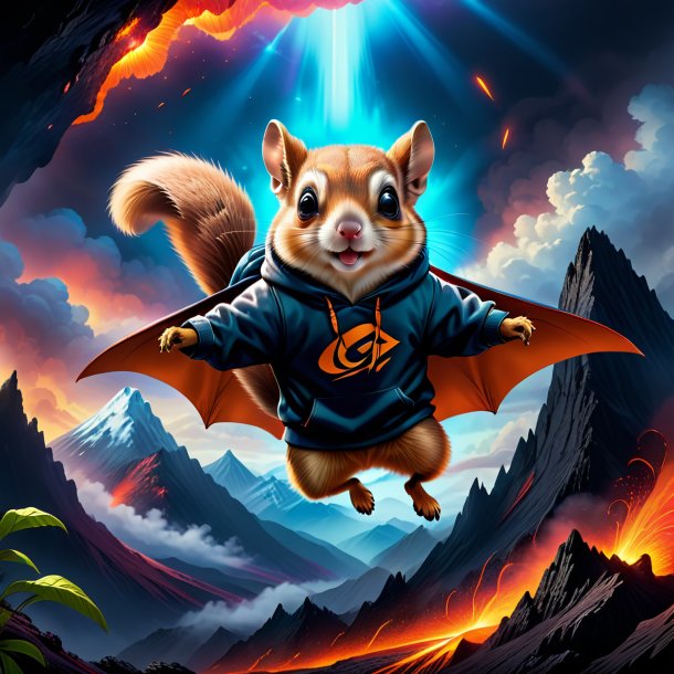 Drawing of a flying squirrel in a hoodie in the volcano