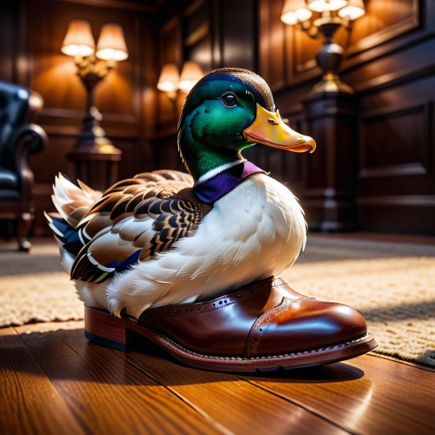 Pic d'un canard dans une chaussure brune