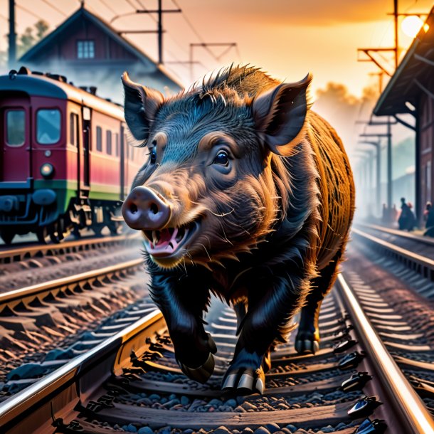 Image of a playing of a boar on the railway tracks