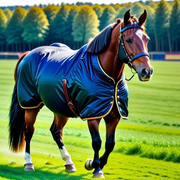 Image of a horse in a jacket on the field