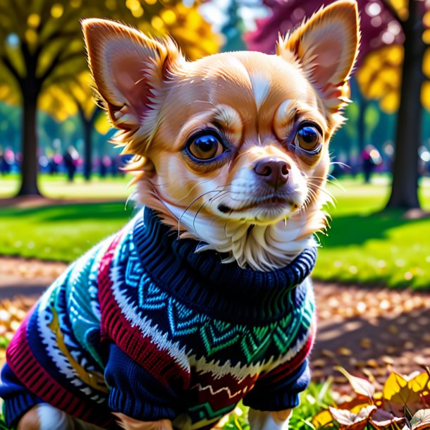 Foto de um chihuahua em um suéter no parque