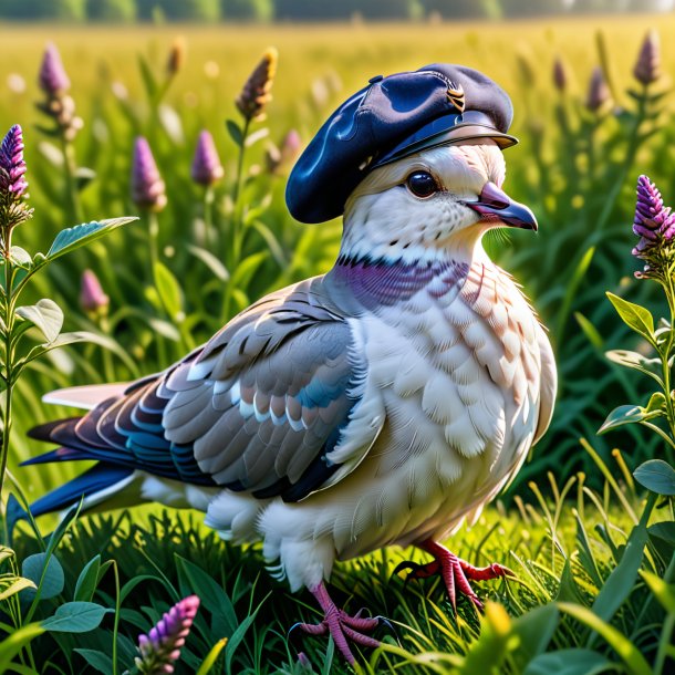 Imagem de uma pomba em um boné no prado