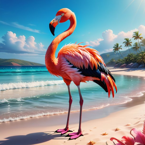 Illustration of a flamingo in a gloves on the beach