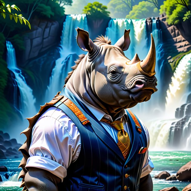 Image of a rhinoceros in a vest in the waterfall