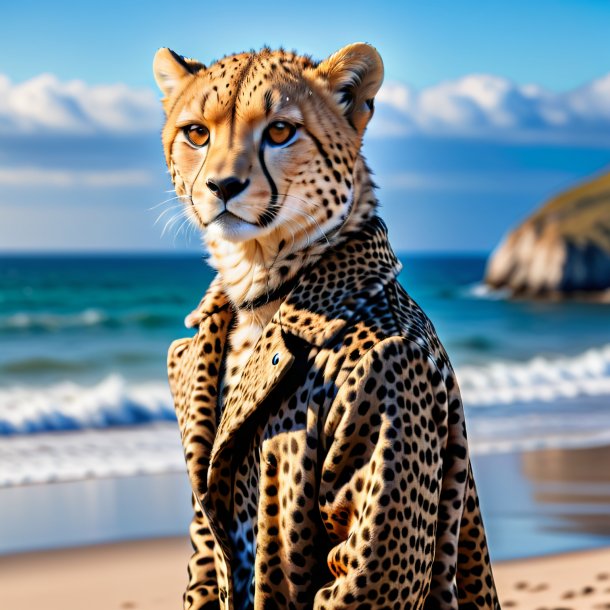 Photo of a cheetah in a coat on the beach