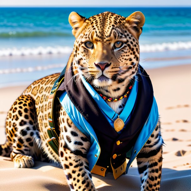 Photo d'un léopard dans un gilet sur la plage