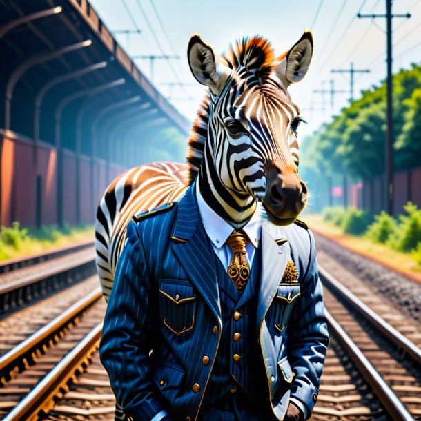 Foto de una cebra en una chaqueta en las vías del tren