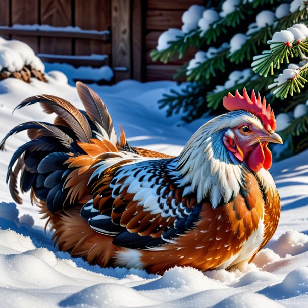 Photo d'une poule qui dort dans la neige