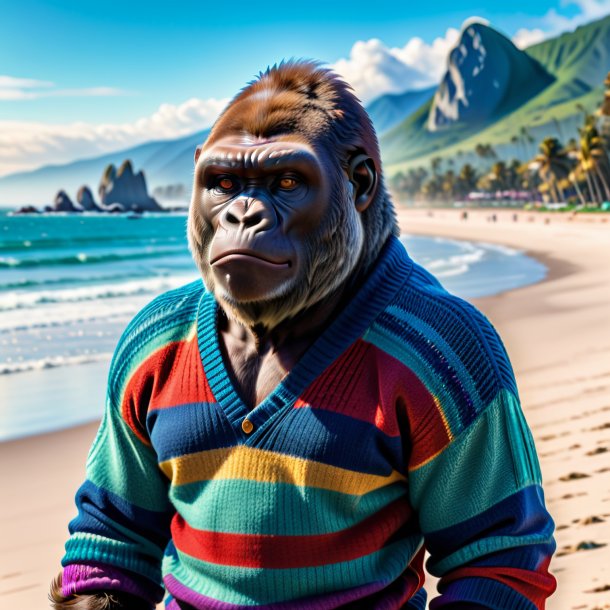 Pic of a gorilla in a sweater on the beach