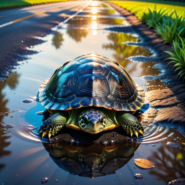 Foto de uma tartaruga em uma saia na poça