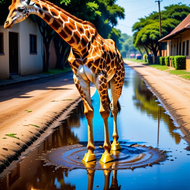 Picture of a giraffe in a trousers in the puddle