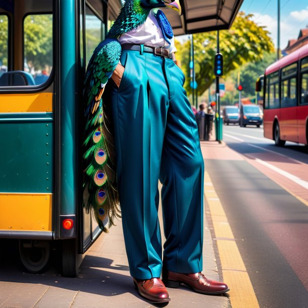 Image of a peacock in a trousers on the bus stop