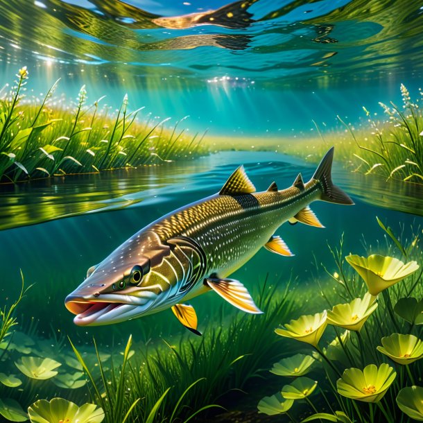 Picture of a swimming of a pike in the meadow