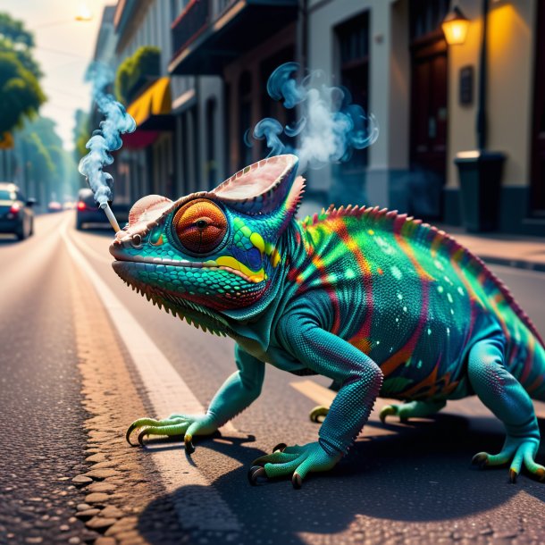 Pic of a smoking of a chameleon on the road