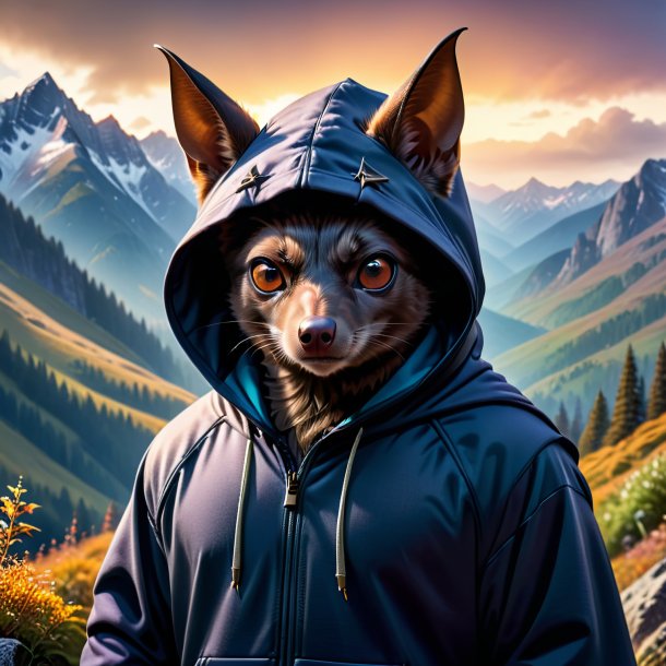 Picture of a bat in a hoodie in the mountains