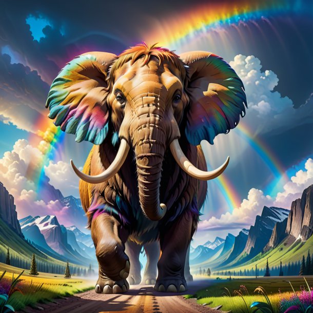 Drawing of a mammoth in a belt on the rainbow