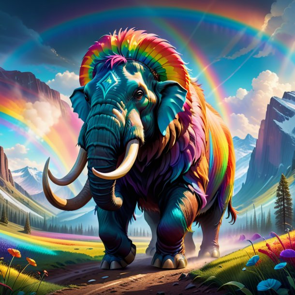 Illustration of a mammoth in a gloves on the rainbow