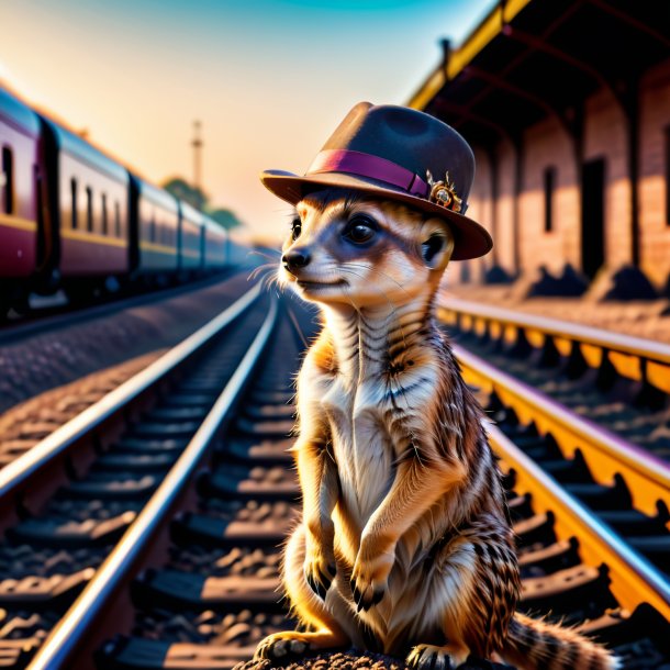 Image of a meerkat in a hat on the railway tracks