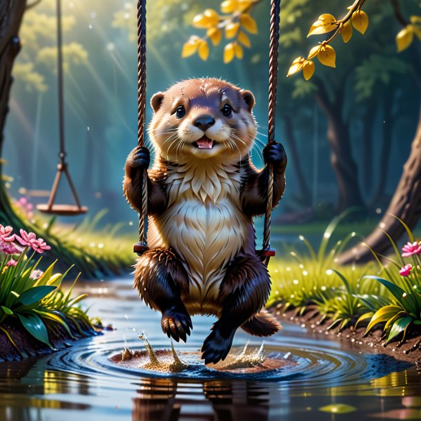 Photo of a swinging on a swing of a otter in the puddle