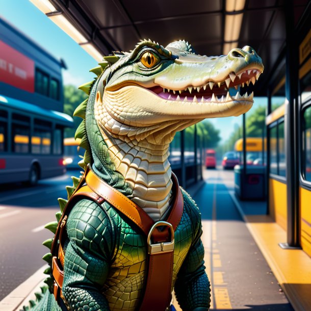 Ilustração de um crocodilo em um cinto no ponto de ônibus