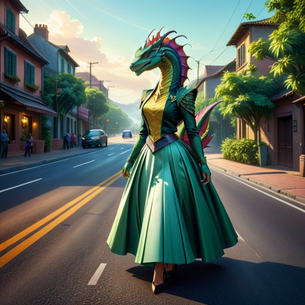 Illustration of a basilisk in a skirt on the road