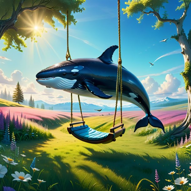 Pic of a swinging on a swing of a whale in the meadow