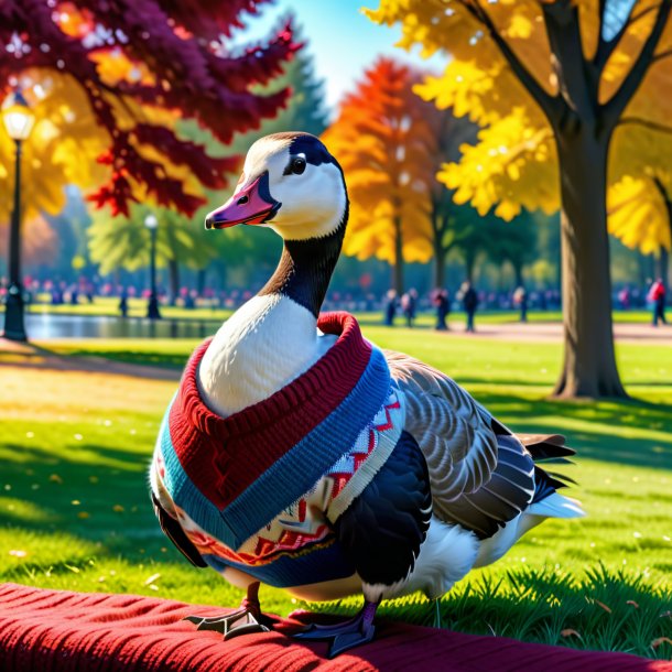 Picture of a goose in a sweater in the park