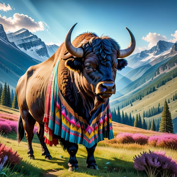 Image of a buffalo in a dress in the mountains