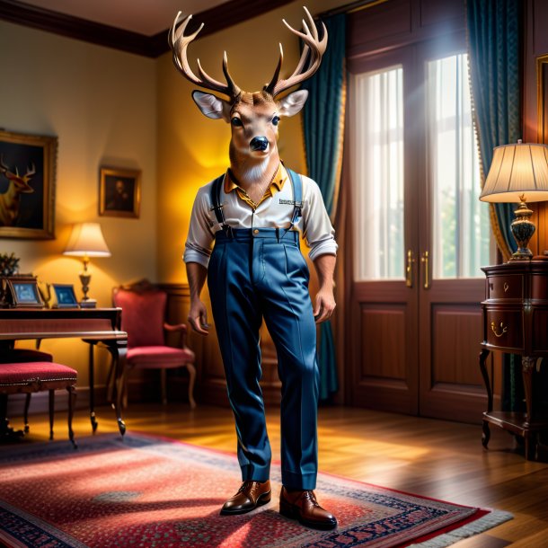 Photo of a deer in a trousers in the house