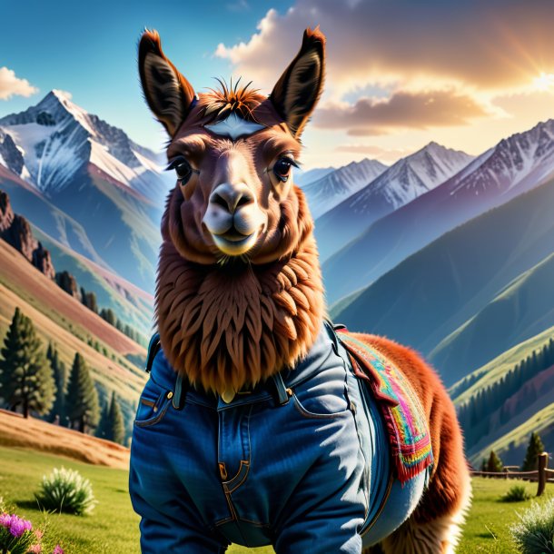 Image of a llama in a jeans in the mountains