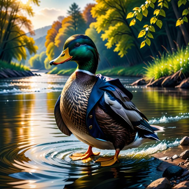 Illustration of a duck in a coat in the river