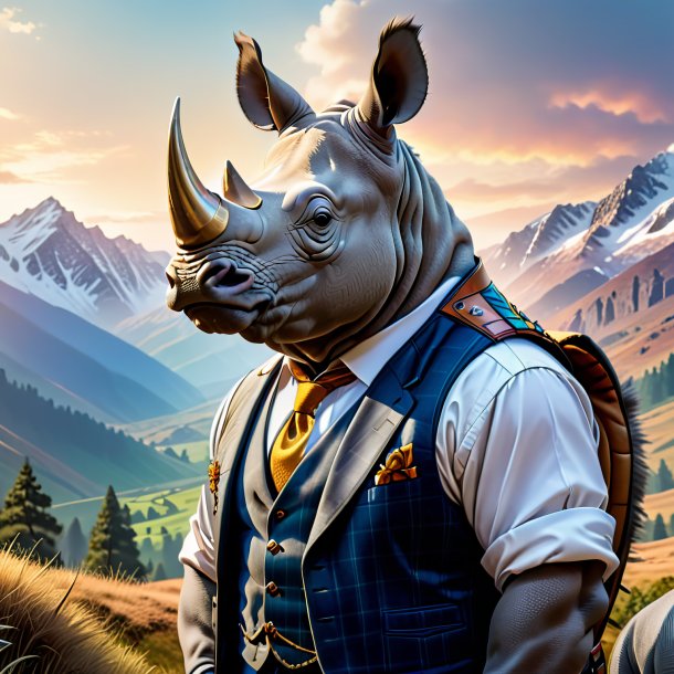 Picture of a rhinoceros in a vest in the mountains