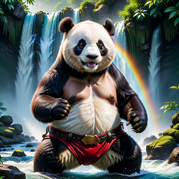 Image of a giant panda in a belt in the waterfall