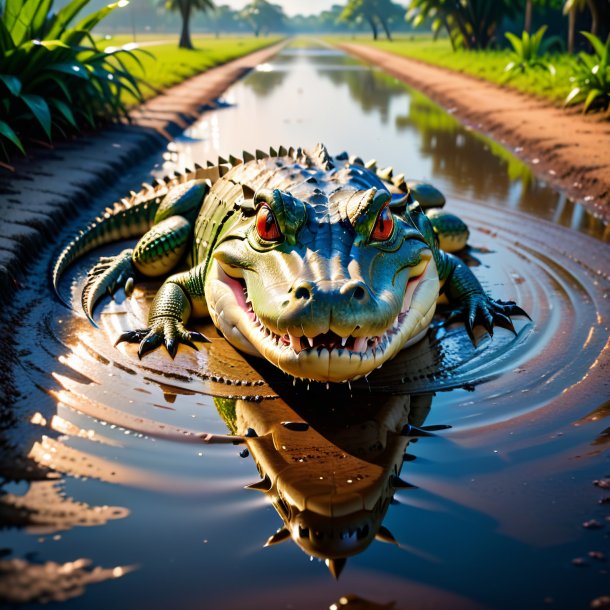 Pic of a smiling of a crocodile in the puddle