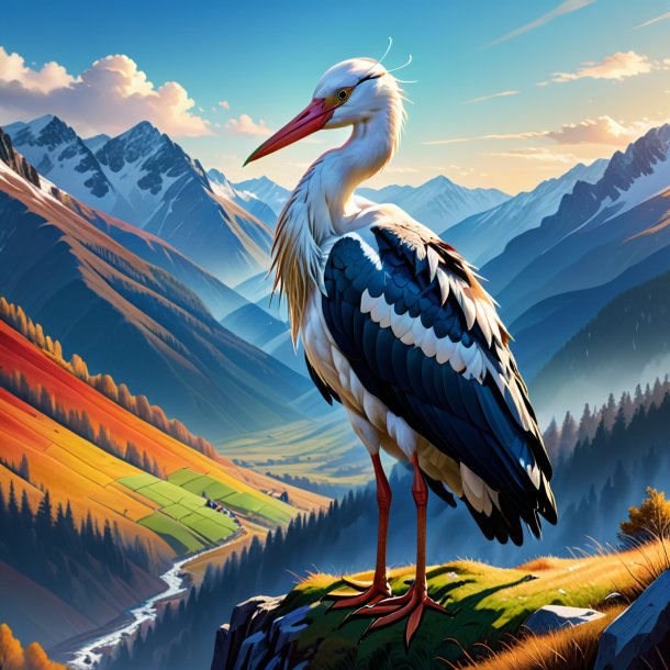 Illustration d'une cigogne dans un manteau dans les montagnes