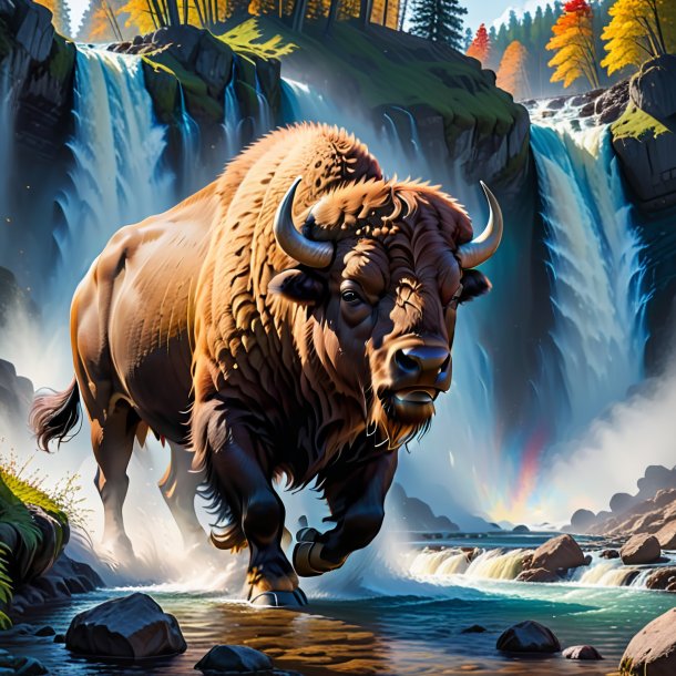 Pic of a dancing of a bison in the waterfall