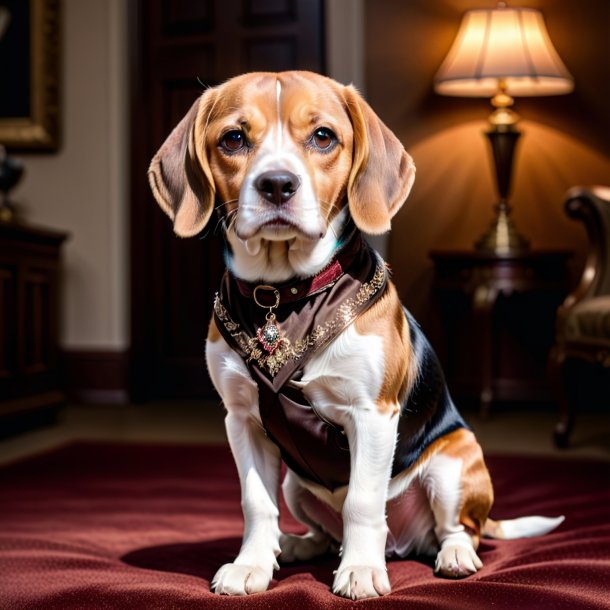 Pic of a beagle in a brown dress