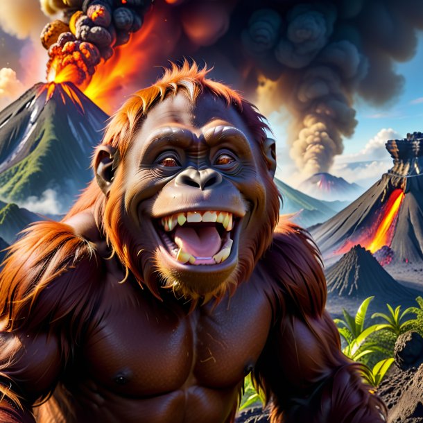 Photo of a smiling of a orangutan in the volcano