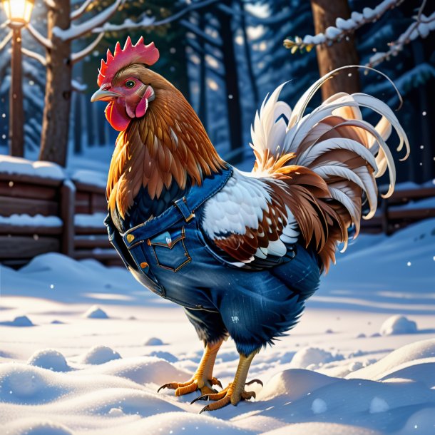 Illustration of a hen in a jeans in the snow