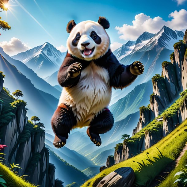 Pic of a jumping of a giant panda in the mountains