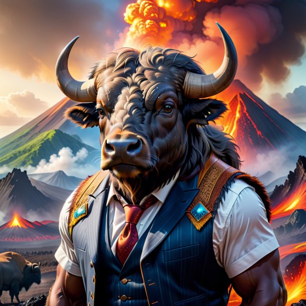 Photo of a buffalo in a vest in the volcano