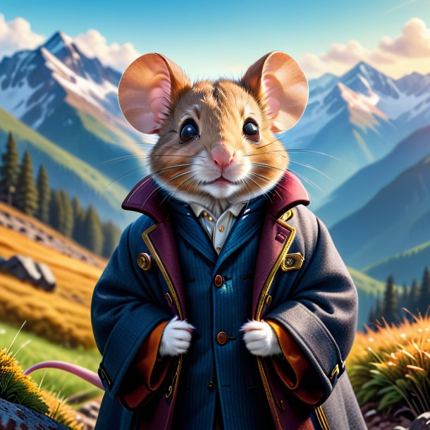 Picture of a mouse in a coat in the mountains