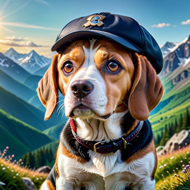 Pic of a beagle in a cap in the mountains