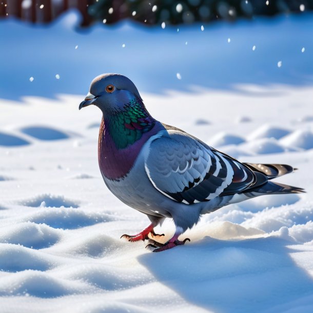 Foto de uma natação de um pombo na neve