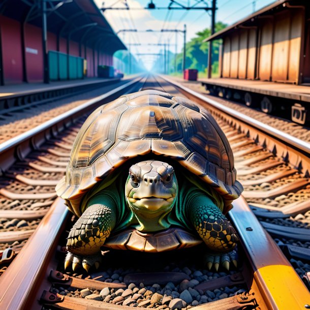 Pic of a tortoise in a shoes on the railway tracks