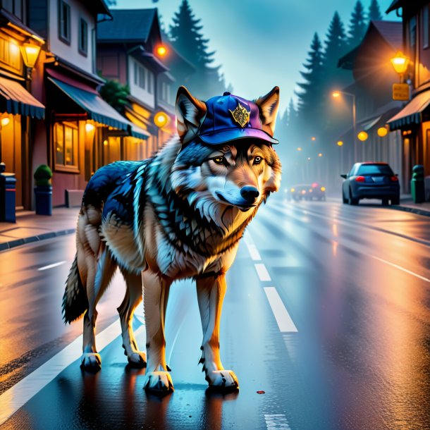 Pic of a wolf in a cap on the road