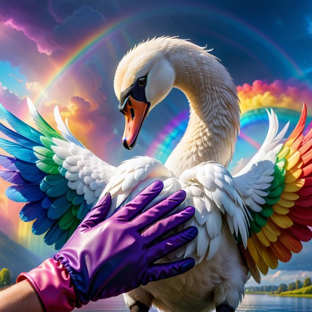 Photo d'un cygne dans un gants sur l'arc-en-ciel